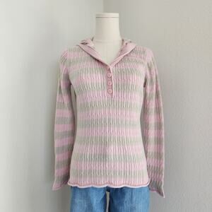 Vintage Y2K Pink Tan Striped Cable Knit Long Sleeve Hooded Sweater Liz Claiborne